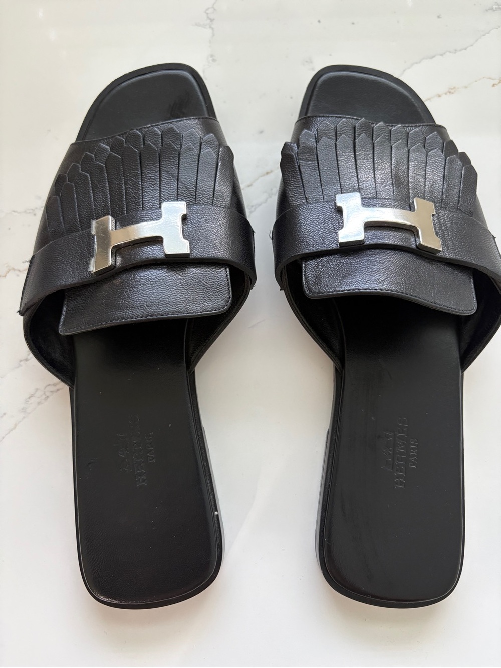 Hermes Black Leather Fringe H silver buckle  Slide Sandals 
Size 38
 $350
